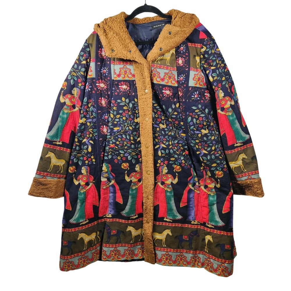 Floryday Quilted Tree Coat Hooded Blue Indian Folk Art Print Sherpa Trim XXL‎